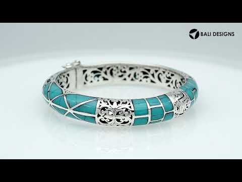 Sterling silver turquoise shell inlay hinged bangle with filigree design handcrafted in Bali.