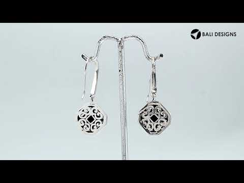 Wholesale Sterling Silver Black Onyx Square Frame Dangle Earrings With Bali Pattern