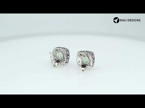 Wholesale sterling silver earrings featuring cushion-cut green amethyst quartz framed with ornate Balinese detailing, designed for consistent artisan quality and strong catalog-ready presentation within wholesale jewelry collections.