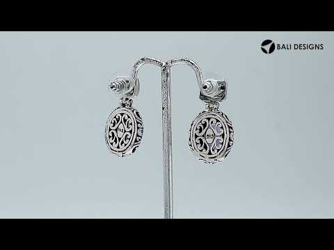 Sterling silver earring with Blue Quartz oval and rectangle engraved Bali design, handcrafted wholesale jewelry from Bali