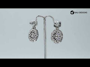 Sterling silver earring with Blue Quartz oval and rectangle engraved Bali design, handcrafted wholesale jewelry from Bali