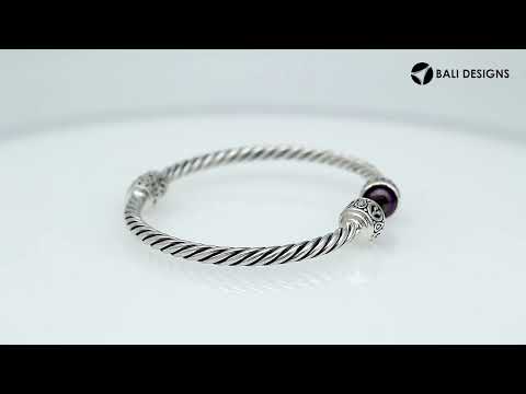 Wholesale sterling silver Gray Pearl bangle with twisted rope design, Balinese motifs, and oxidized finish, handcrafted in Bali.