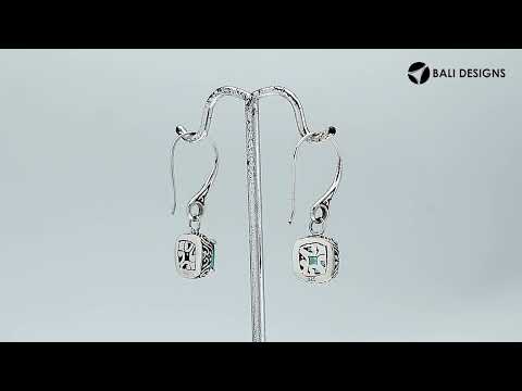 Wholesale sterling silver London Blue Topaz Quartz cushion drop earrings with oxidized silver detailing and polished finish.