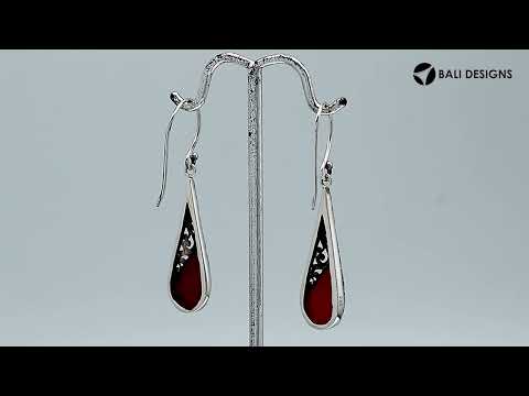 Sterling silver long teardrop earrings with Red Coral and Balinese scrollwork design.