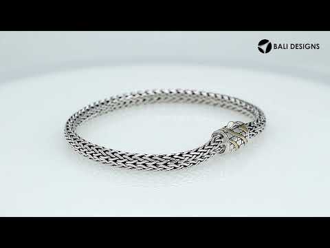 Sterling Silver & 18K Gold Bali Wheat Bracelet With Brick Pattern Dual-Tone Clasp And Angled Gold Inlay