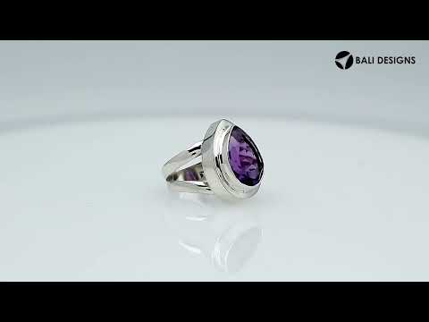 Sterling Silver Ring With Amethyst Quartz, Teardrop Bezel Designer Ring, Mirror Polished Finish