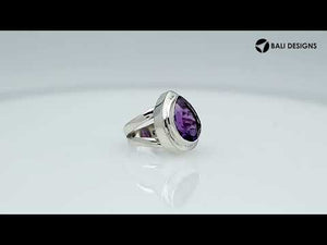 Sterling Silver Ring With Amethyst Quartz, Teardrop Bezel Designer Ring, Mirror Polished Finish