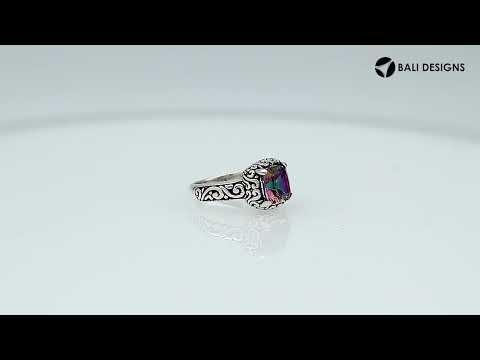 Wholesale Sterling Silver cushion-cut Mystic Quartz faceted women’s ring with Balinese scroll engraving