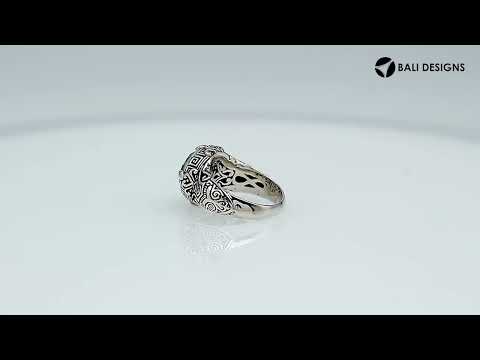 Sterling Silver Ornate Ring With London Blue Topaz Quartz And Balinese Carving Design