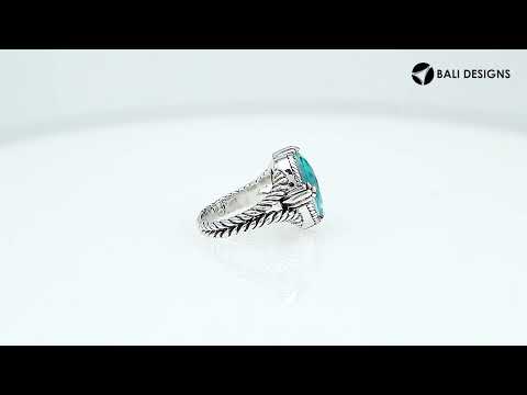 Sterling Silver Blue Topaz Quartz Oval Rope Design Heritage Ring With Balinese Craft Detailing.