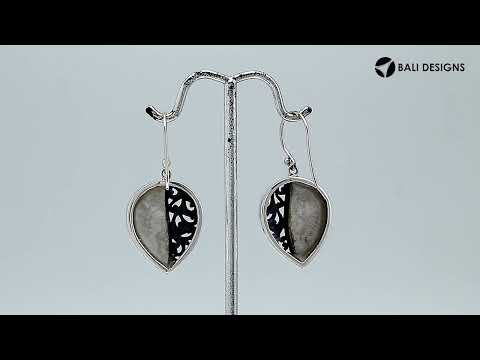 Sterling silver teardrop earrings with Mother of Pearl and Balinese scrollwork design.
