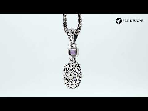 Wholesale sterling silver Amethyst pendant with oval and square gemstones, handcrafted Bali filigree and floral design, artisan jewelry for bulk orders.