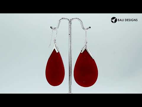 Silver Teardrop Earrings With Red Coral And Swirl Design