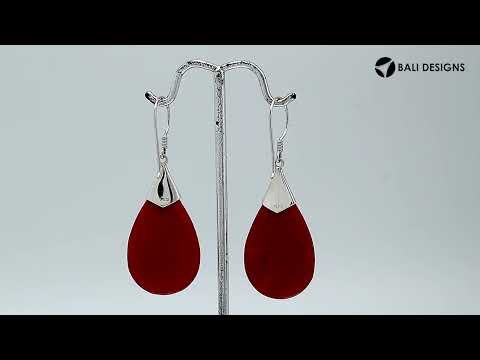 Sterling silver Red Coral long teardrop earrings with earwire lock