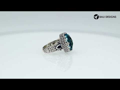 Sterling Silver Blue Topaz Quartz Oval Shape Ring With Balinese Engraved Band