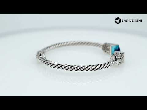 Sterling silver handcrafted bangle with blue topaz quartz, twisted rope Balinese cuff.