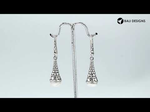 Sterling silver White Pearl textured cone drop earrings with oxidized finish and earwire lock.