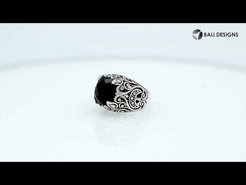 Sterling Silver Balinese Scroll Pattern Ring With Black Onyx