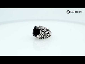 Sterling Silver Balinese Scroll Pattern Ring With Black Onyx
