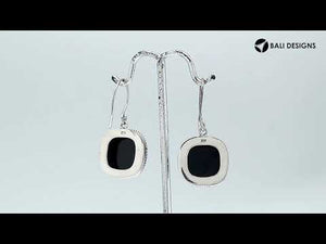 Sterling Silver cushion Blue Chalcedony Quartz hook earrings handcrafted in Bali with rope-edge detailing and polished finish.