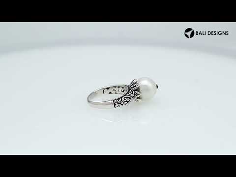 Sterling silver Balinese Pearl ring with scrollwork and leaf accents – wholesale.
