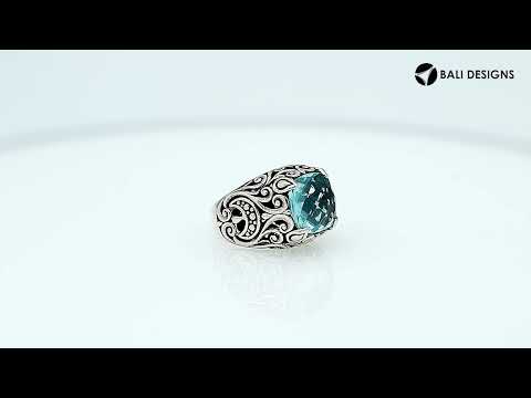 Sterling Silver Balinese Scroll Pattern Ring With Blue Topaz Quartz