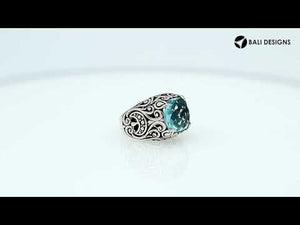Sterling Silver Balinese Scroll Pattern Ring With Blue Topaz Quartz