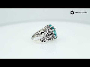 Sterling Silver Cushion Blue Topaz Quartz Ring With Balinese Scroll Detailing