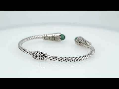 Sterling silver handcrafted Green Quartz bangle with twisted rope Balinese design.