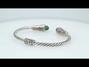 Sterling silver handcrafted Green Quartz bangle with twisted rope Balinese design.