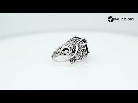 Sterling Silver Cushion Amethyst Quartz Ring With Engraved Balinese Floral Design
