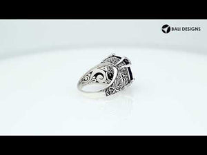 Sterling Silver Cushion Amethyst Quartz Ring With Engraved Balinese Floral Design