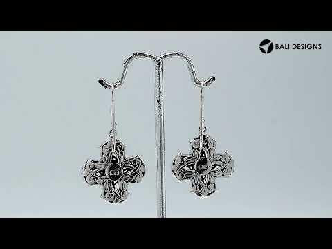 Sterling Silver Cross Shape Engraved Pattern Drop Earrings