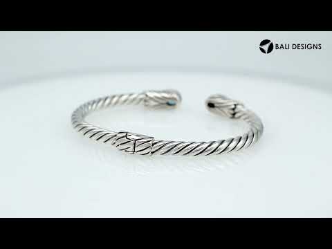 "Wholesale sterling silver cuff Bangle  with teardrop Blue Topaz Quartz and Balinese rope design, handmade in Bali"