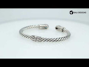 "Wholesale sterling silver cuff Bangle  with teardrop Blue Topaz Quartz and Balinese rope design, handmade in Bali"