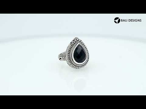Sterling Silver Pear Shape Black Onyx Ring With Traditional Balinese Carving