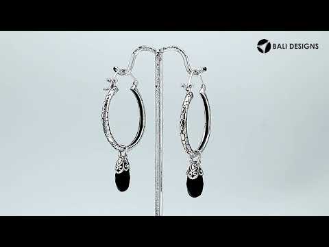 Wholesale sterling silver Black Onyx hoop earrings with faceted drop and Balinese handicraft design handcrafted in Bali