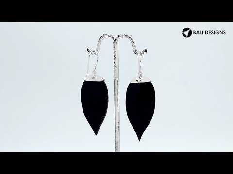 Sterling Silver Black Shell Leaf Dangle Earrings Handcrafted In Bali