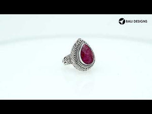 Sterling Silver Pear Shape Ruby Quartz Ring With Traditional Balinese Carving