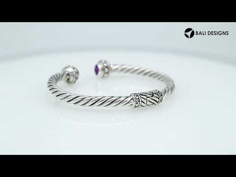 Sterling silver Balinese cuff bangle with round amethyst quartz and rope-style band