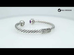 Sterling silver Balinese cuff bangle with round amethyst quartz and rope-style band