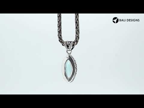 Blue Topaz Quartz marquise pendant in sterling silver with Balinese scroll detailing, wholesale handcrafted jewelry from Bali.