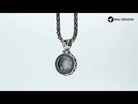 Sterling silver round pendant with Gray Mabe Pearl and scrollwork design, handcrafted in Bali