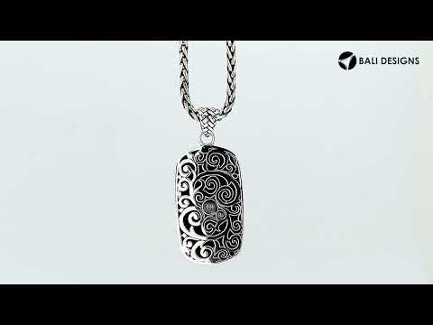 Wholesale sterling silver rectangle pendant with Bali weave pattern and dotted border – handcrafted unisex artisan jewelry for retailers and resellers.