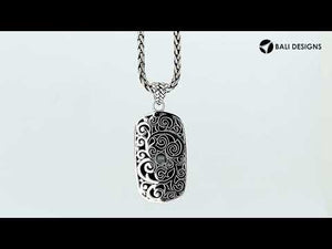 Wholesale sterling silver rectangle pendant with Bali weave pattern and dotted border – handcrafted unisex artisan jewelry for retailers and resellers.