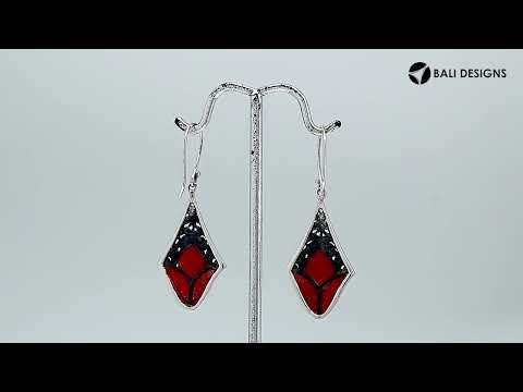 Sterling silver red shell filigree diamond earrings with intricate silver design for wholesale jewelry buyers