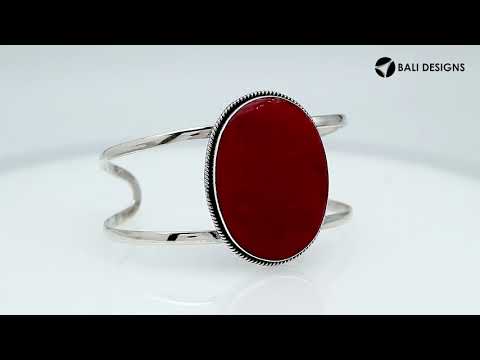 Wholesale Sterling Silver Cuff Bracelet With Oval Red Coral Centerpiece