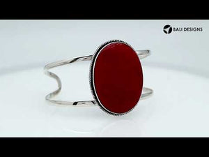 Wholesale Sterling Silver Cuff Bracelet With Oval Red Coral Centerpiece