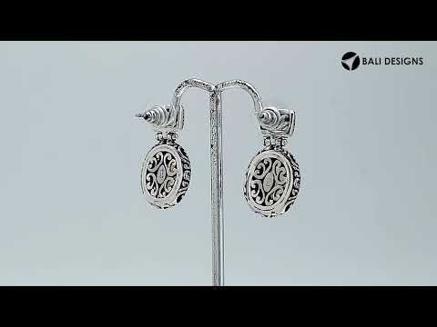 Sterling silver earring with Citrine Quartz oval and rectangle engraved Bali design, handcrafted wholesale jewelry from Bali