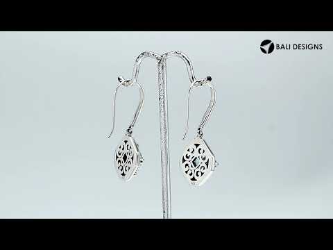 Wholesale Sterling Silver Blue Topaz Quartz Square Frame Dangle Earrings With Bali Pattern